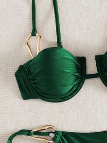 Bộ bikini hai mảnh phong cách nghỉ dưỡng nữ màu thép, kèm túi tote, dây đeo vai và trang trí eo bằng kim loại, phù hợp cho kỳ nghỉ hè trên đảo - Màu xanh lá cây đậm - Xem 5