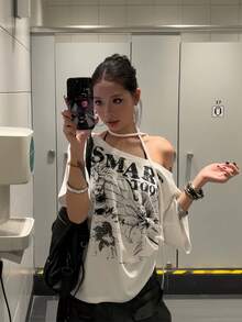 Retro American Bowknot Print Short Sleeve T-Shirt, Casual Loose Fit Summer Top For Women White - White - View 1
