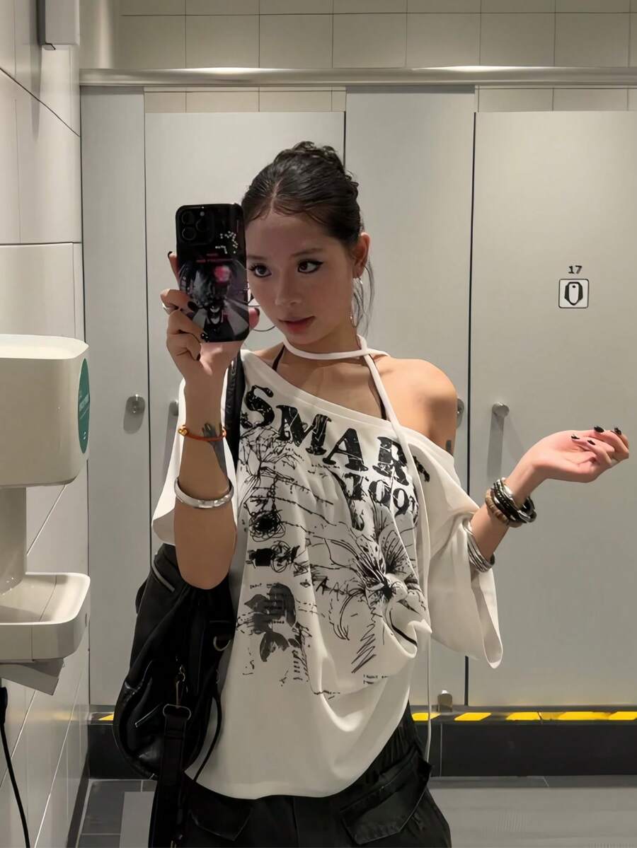 Retro American Bowknot Print Short Sleeve T-Shirt, Casual Loose Fit Summer Top For Women White - White - View 1