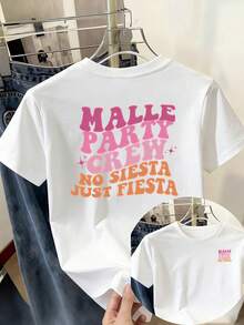 New Women's Top, Perfect For Island Carnival Parties, Featuring The Letter Print 'MALLE PARTY CREW NO SIESTA JUST FIESTA', Casual Short-Sleeved Crew Neck Sports Top - 白色 - 查看 1