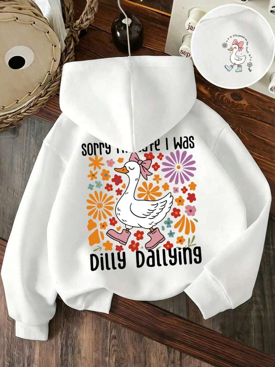 Baby Girl Cartoon Print Hooded Warm Sweatshirt - White - View 1