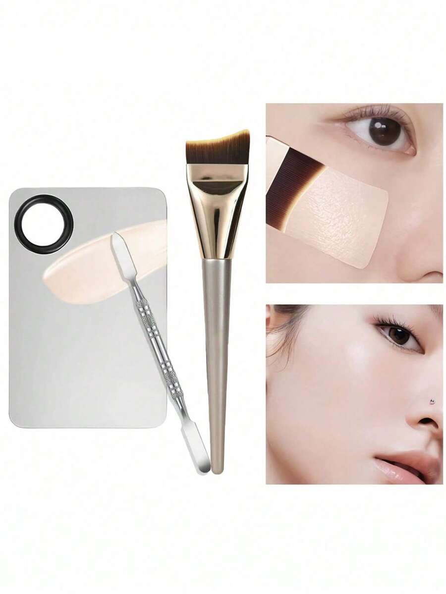 3 Peças Conjunto de Paleta de Maquiagem, Inclui Pincel para Base (Pincel de Base de Ponta Plana), Paleta e Espátula de Aço Inoxidável, Mistura Facilmente Produtos Líquidos e Cremosos para uma Maquiagem Impecável | Cerdas de Náilon de Alta Densidade, Cabeça de Pincel Ultrafina, Cria um Visual de Maquiagem Uniforme