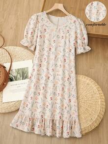 Vestido casual de manga corta de longitud media con cuello redondo y estampado total para mujer - Beis - Ver 1