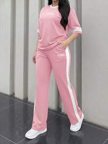 Women's New Round Neck Short Sleeve T-Shirt And Elastic Waist Loose Pants 2 Pieces Set, Suitable For Spring, Summer And Autumn Pink Elegant - Pink - View 2