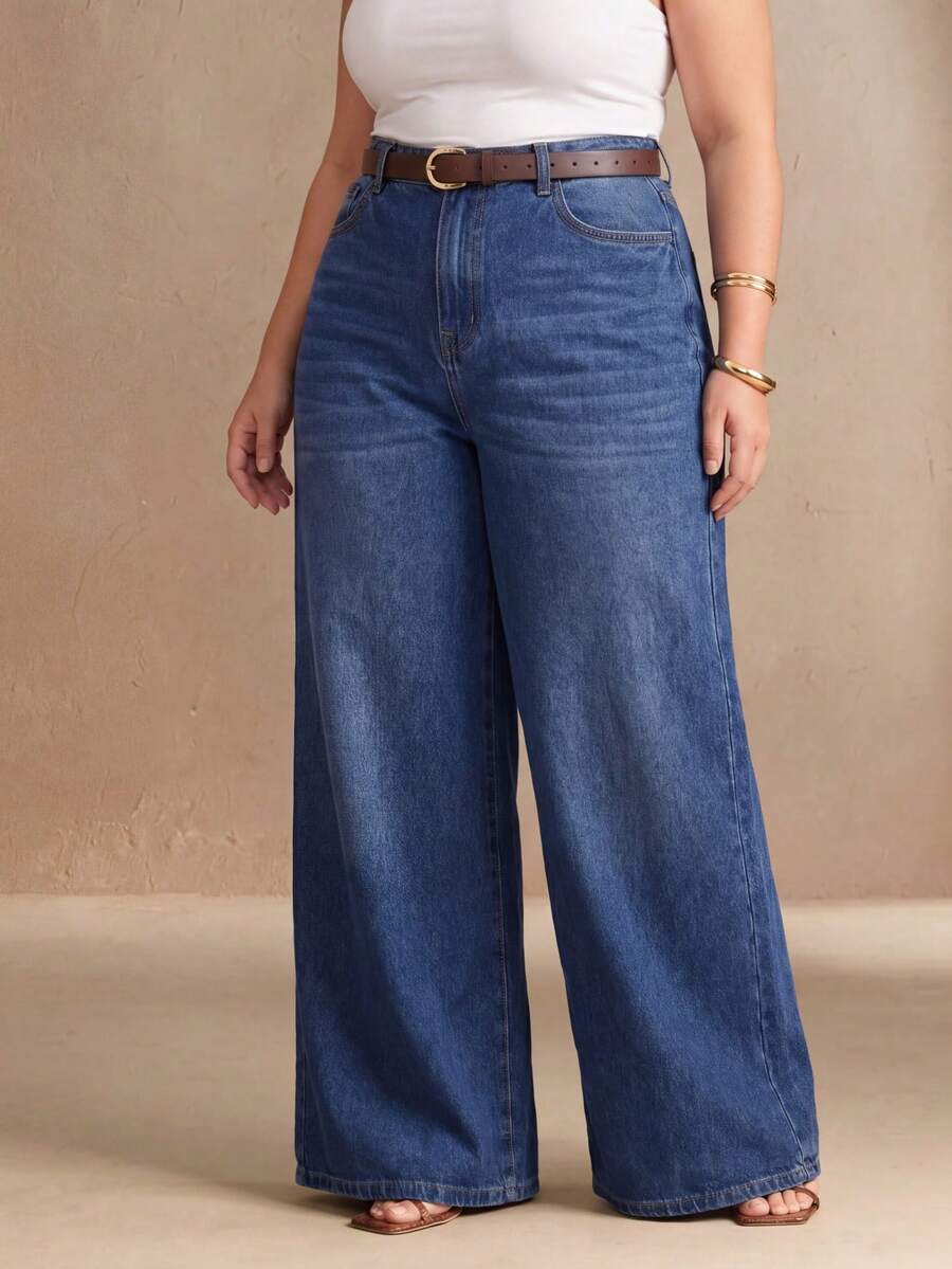 Women's Plus Size High Waist Wide Leg Denim Jeans Casual Long Pants - Blue - View 1
