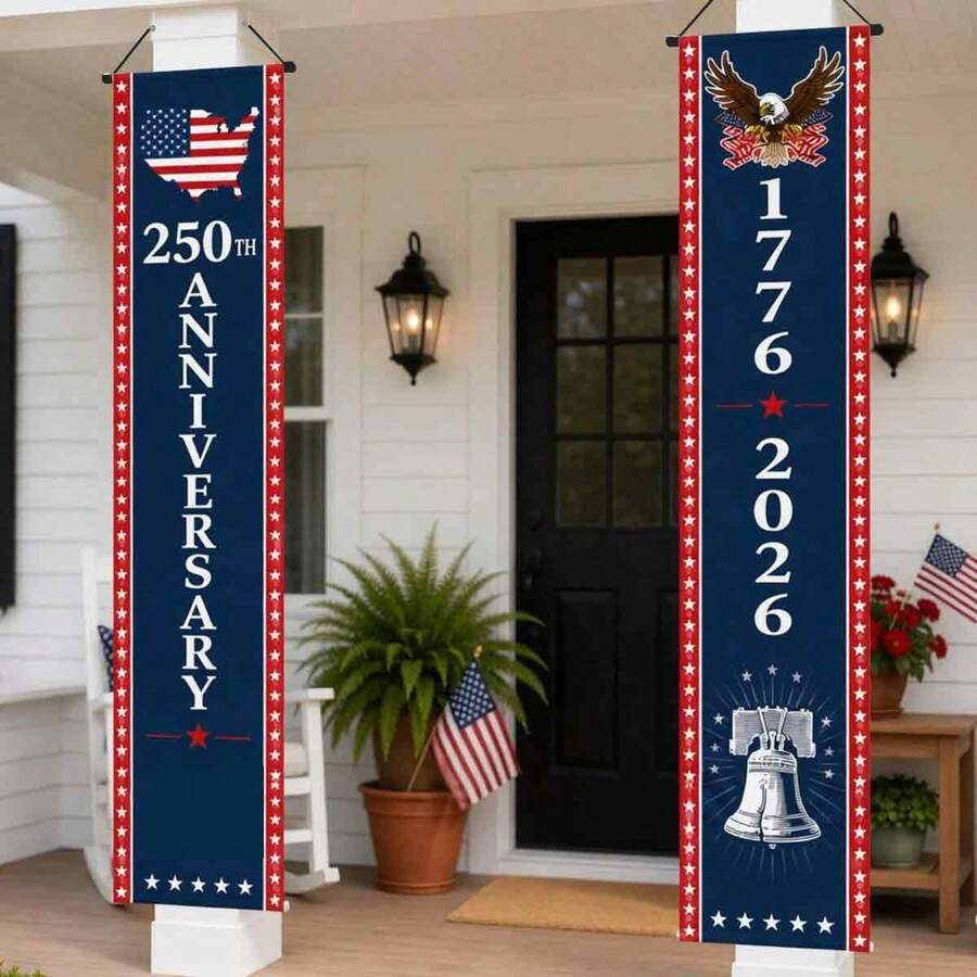 1Pair 250 Years Of Freedom Banner, American Bicentennial 1776-2026 Front Door Decor, Patriotic Porch Sign For 4th Of July, Memorial Day, Veterans Day, Outdoor Indoor Hanging Decoration, Weather Resistant Polyester Fabric - View 1