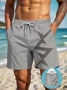 Men's Solid Color Artistic Print Swim Trunks With Elastic Waistband, Drawstring, Slanted Pockets, Mesh Lining, Casual Beach Shorts For Vacation - Multicolor - View 2