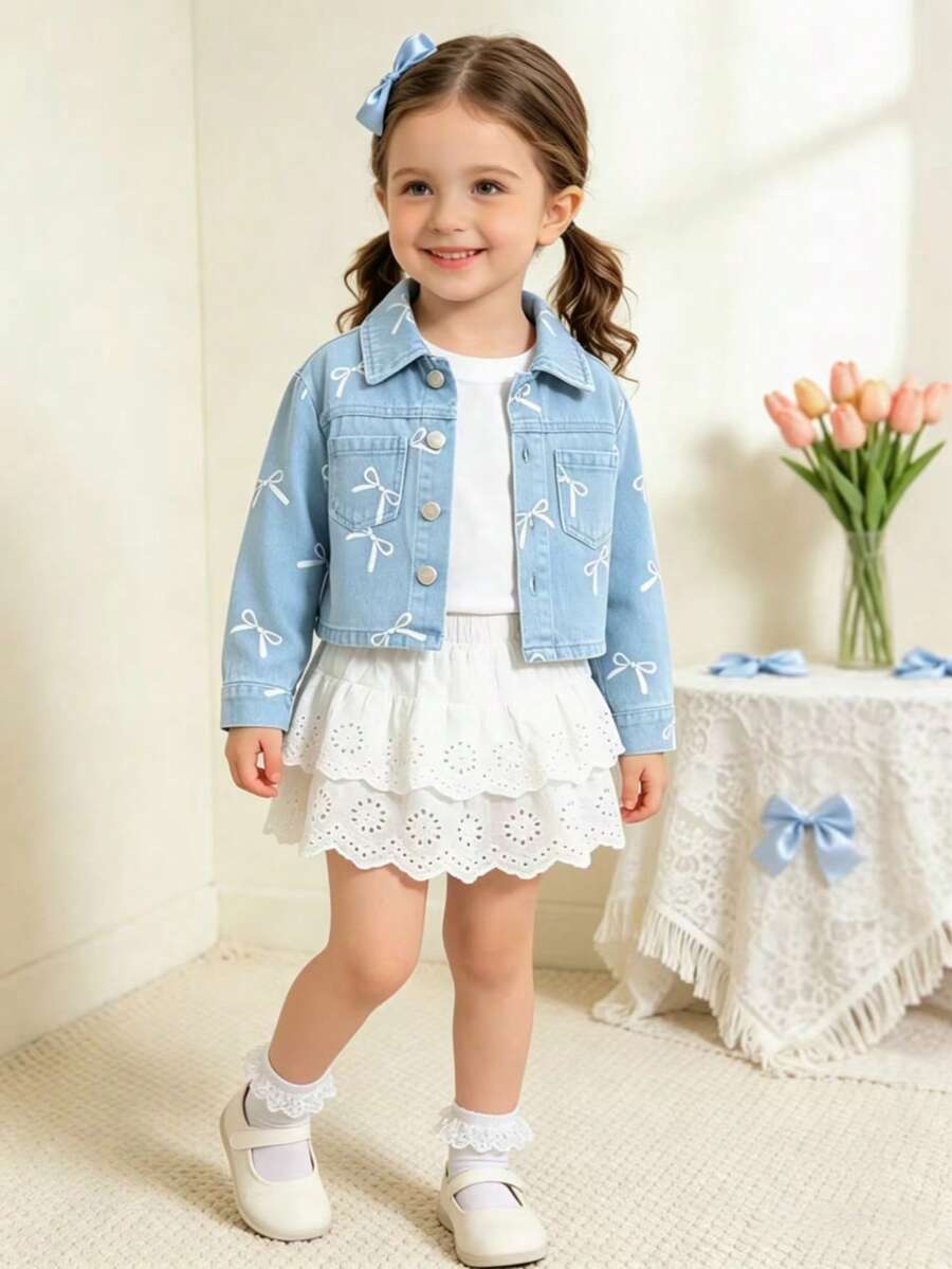 4-7歲女童牛仔外套，蝴蝶結刺繡，翻領，休閒短版夾克，淺藍色，日常上學戶外穿搭