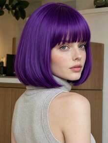 Women's 12 Inch Deep Purple Shoulder-Length Straight Wig With Bangs, High-Temperature Fiber Synthetic Wig, Fashionable Elegant Versatile Style, Suitable For Cosplay, Party, Daily Wear, Universal For All Women, Soft Smooth Easy To Maintain,Halloween - Dark Purple - View 2