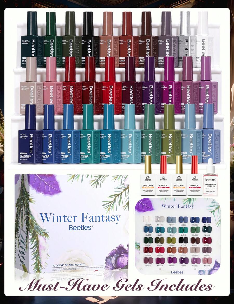 Beetles 30 Colors 10ml Each HEMA Free Winter Fantasy Gel Polish Kit With Top And Base Coat, Swatch Card Soak Off UV LED Manicure - 30 Colors 10ML HEMA-free Winter Fantasy - View 1