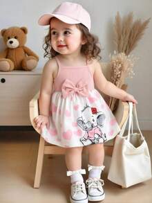 2pcs/Set, Bebé Niña, Suave & Cómodo, Casual & Elegante, Dulce & Lindo, Vestido de Princesa con Tirantes de Lazo con Estampado de Elefante Corazón y Oso de Dibujos Animados, Ropa de Bebé Niña, Vestido de Niña Pequeña, Ropa de Verano para Bebé Niña, Vestido de Niña, Adecuado para la Vida Diaria, el Hogar, Actividades al Aire Libre, Vacaciones, Fiestas y Fotografía - Multicolor - Ver 5