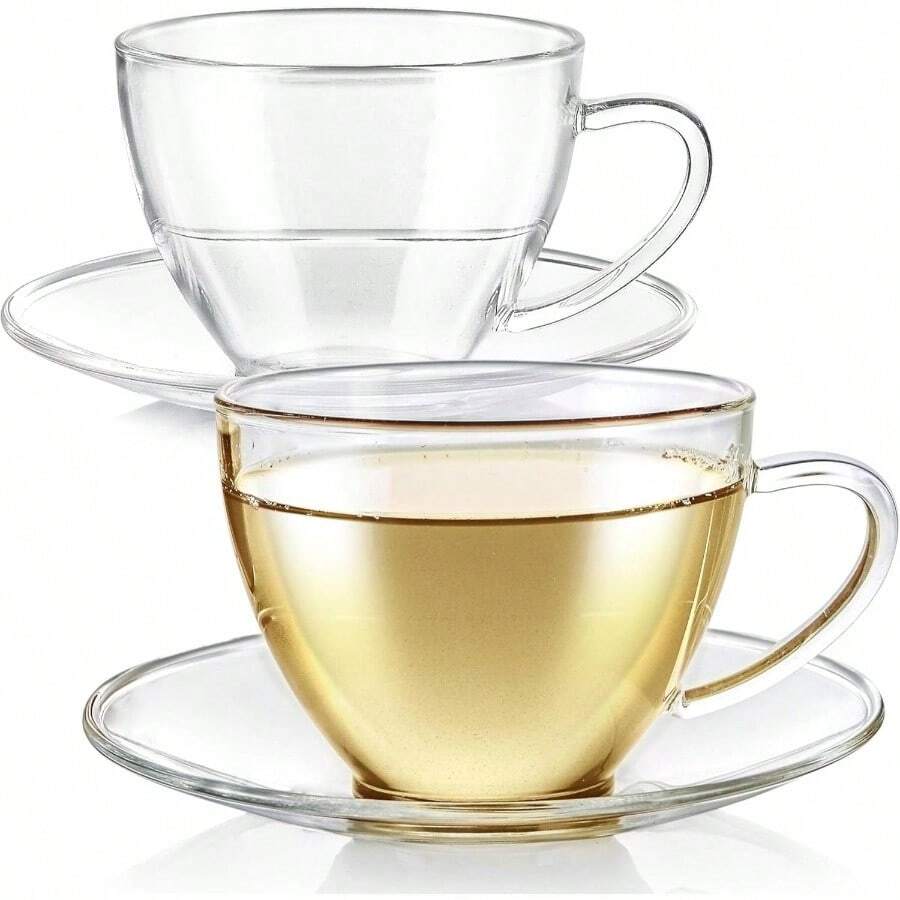 Royal - Juego de 2 tazas de t y platillo, tamao estndar, capacidad de 6 onzas/180 ml, diseo clsico cristalino, vidrio de borosilicato saludable, duradero y resistente al calor - Por supuesto - Ver 1