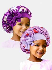 2 piezas Gorros de pelo redondos de satén con cinta elástica estampada para niños, adecuados para uso diario - JDKB-21E Unicornio morado fresa/morado oscuro - Ver 5