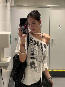 Retro American Bowknot Print Short Sleeve T-Shirt, Casual Loose Fit Summer Top For Women White - White - View 3