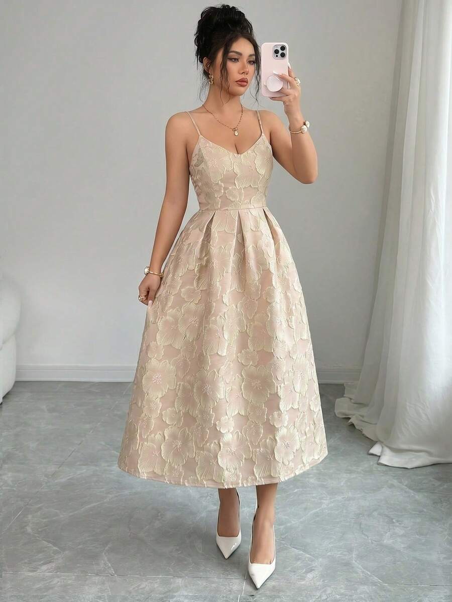 Vestido elegante de mujer con tirantes de espagueti y estampado jacquard, adecuado para invitadas de boda, fiestas de noche y galas; Vestido elegante de de mujer con cuello en V y pliegues - Rosa - Ver 1