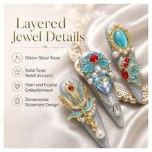 10 Pieces Handmade Press Nails, Reusable Fake Stilettos Luxurious Gemstone Crystal Design, Full Cover Adhesive Tape DIY Women's Manicure Tool Kit(Long Ladder(XS)) - Long Ladder(XS) - View 2