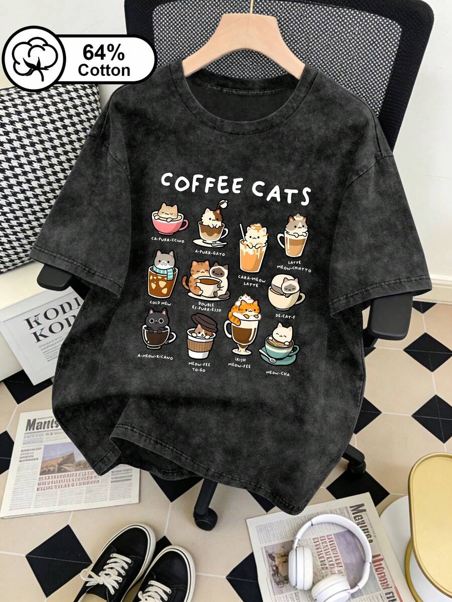 Áo thun nữ size lớn phong cách vintage giặt mài họa tiết bông tuyết, in hình mèo con hoạt hình 'Coffee Cat' và đồ uống, cổ tròn tay ngắn, áo top mùa hè casual - màu đen - Xem 1