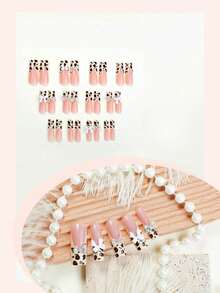 24 piezas Uñas postizas francesas extra largas con estampado de leopardo, decoración de lazo blanco 3D, estilo romántico, adecuado para mujeres y niñas, suministros de arte de uñas - Multicolor - Ver 2