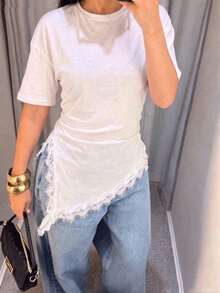 Camiseta de mujer de punto de unicolor con encaje en contraste, asimétrica/asimétrica, adecuada para el hogar, uso diario, vuelta al colegio, fiesta, casual de primavera/verano en color negr - Blanco - Ver 4