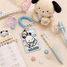 MINISO Sweet Sanrio Pochacco Cinnamonroll 垂直滑動卡套，可愛卡通角色 ID 識別證套，附彈性螺旋圈手腕掛繩，返校季女學生禮物 - 樣式 1 - 查看 4