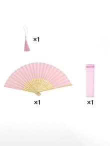 4pcs Value Set! Pink Bamboo Fan + Tassel + Bow + Storage Bag. Suitable For Wedding/Party/Daily Use. - Multicolor - View 15