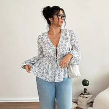2025 Top Bohemio Floral con Cuello en V, Manga Larga, Cintura Elástica Fruncida y Falda Casual en Línea A - Blanco - Ver 5