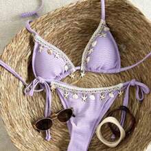 YijiaNvz Swim Vcay Conjunto de bikini con textura de tela, tirantes tejidos y decoración de conchas marinas para vacaciones de mujer - Morado - Ver 1
