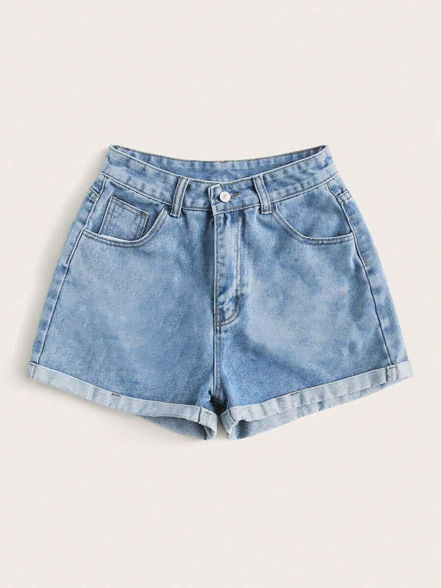 High-Waisted Rolled-Up Denim Shorts For Summer - Green - View 1