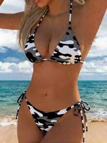 Summer Women's Sexy Retro Colorblock Camouflage Print Swimsuit Set, Suitable For Beach Vacation, Adjustable Drawstring Design - Black, White and Gray Camouflage - View 4