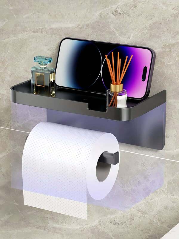 1/2pcs Porte-papier toilette avec étagère, support intégré pour papier toilette et téléphone de salle de bain, montage mural sans perçage, étanche avec plateau de rangement, organisateur de mouchoirs