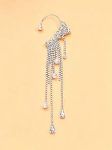 FAAABULS 1pc Shiny Crystal Tassel Ear Clip With Pearl Decor, Long Rhinestone Chain Earrings, Women's Evening Party Jewelry - EH2091 - View 9