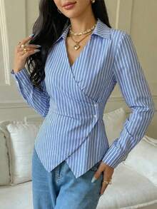 Asymmetrical Long Sleeve Striped Shirt 2026 - Blue - View 2