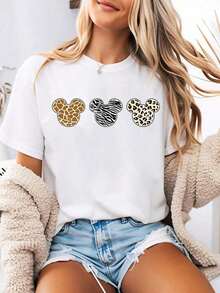 (Loose Fit)Disney-Style Women's Printed T-Shirt Featuring A Cartoon Print Of Three Mickey Mouse Heads In Leopard, Zebra, And Giraffe Patterns. - White - View 2