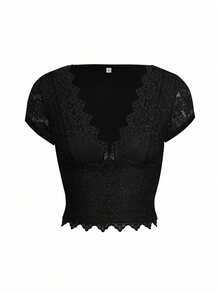 Plus Size Women's Valentine's Day Sexy V-Neck Lace Hollow Out Fitted Knit Short Sleeve Top Casual Black Summer - Black - View 3