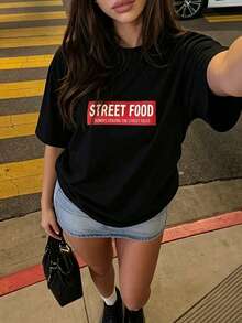 女款黑色寬鬆短袖圓領T恤，印有獨特越南美食標籤圖案，採用微彈針織面料，打造街頭時尚風格 - 黑色 - 查看 2
