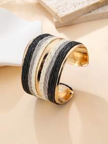 1pc Raffia Woven Metal Open Cuff Bracelet, Bohemian Style Color Block Bangle, Vintage Versatile Accessory For Daily Commute, Office, Afternoon Tea With Friends, Beach Vacation, Spring Outings, Minimalist / French / Commuter Style - Black and White - View 6