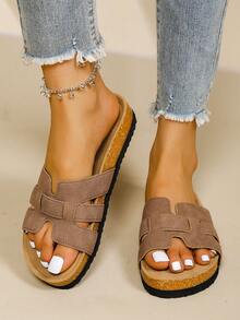 Women's Comfortable Cork Bed Sandals, Casual H-Shaped Strap Flat Slides, Summer Outdoor Beach Slippers - Khaki - View 8