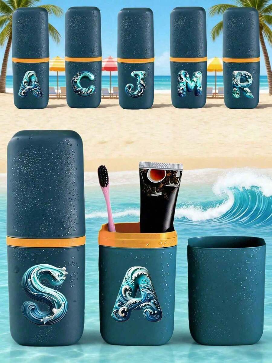 海洋主題大浪字母 A-Z 便攜式牙刷盒，保持牙刷清潔且隨時可用！旅行牙刷架、便攜式牙刷杯蓋，非常適合旅行、露營、出差和上學。多功能牙刷杯、旅行盥洗杯、牙刷和盥洗用品收納組