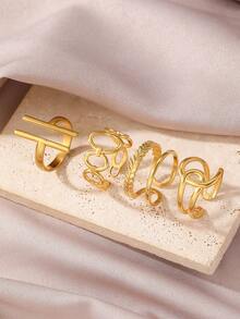 4pcs/Set 18K Gold Plated Stainless Steel Fashionable Geometric Cross Open Ring, Suitable For Daily Wear - Gold - View 6