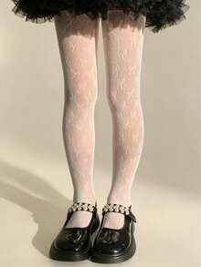 1件女嬰蝴蝶結提花白色網眼緊身褲襪，春/夏 - 白色 - 查看 2