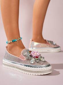 Women's Flat Slip-On Shoes With Sparkling Rhinestones, Casual Everyday Versatile Shoes - Pink - View 3