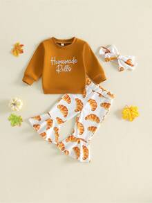 Girls Thanksgiving Bell Bottom Outfit Long Sleeve O Neck Pullover Croissants Print Flared Pants Headband Sets - Coffee Brown - View 6