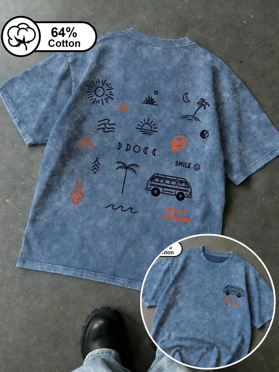 Camiseta casual para mujer talla grande, estilo de vacaciones con estampado de coche de doble cara, cuello redondo lavado retro, adecuada para viajes cotidianos, verano, camiseta gráfica - Azul - Ver 1