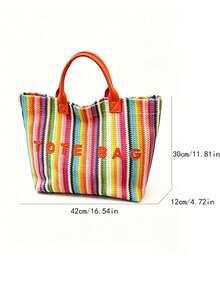彩虹條紋鉤針編織托特包，彩色編織單肩包配橘色PU提把，「TOTE BAG」字母刺繡，大容量適合日常與夏季使用 - 查看 4