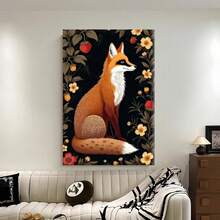 Enmarcado Lienzo 2D plano de 1 pieza con diseño vibrante de zorro, flores y hongos - Marco plano 2D incluido, ideal para la decoración de la sala de estar, dormitorio, oficina o cocina, decoración festiva de pared | Arte inspirado en la naturaleza |  de pelaje detallada, decoración de zorro - Enmarcado - Ver 2