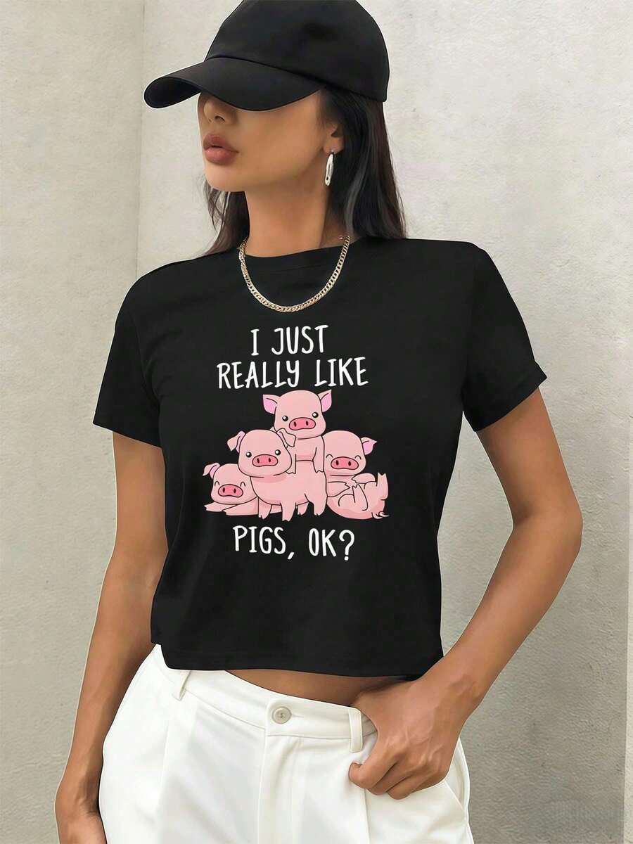 Söt T-shirt med gris-motiv för kvinnor, premiumtyg, bekväm passform, street hip-hop, andningsbar - unisex - Svart - Visa 1