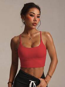 Sujetador deportivo de punto de unicolor con tirantes cruzados inalámbricos de moda para mujer, primavera - Rojo - Ver 4