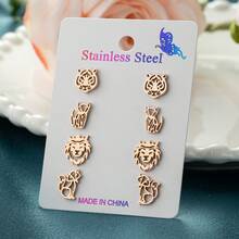 4 pares/set, pendientes de botón de acero inoxidable con cabeza de tigre, león, zorro, de moda, adecuados para hombres y mujeres, bodas y regalos - ZH006 - Ver 4