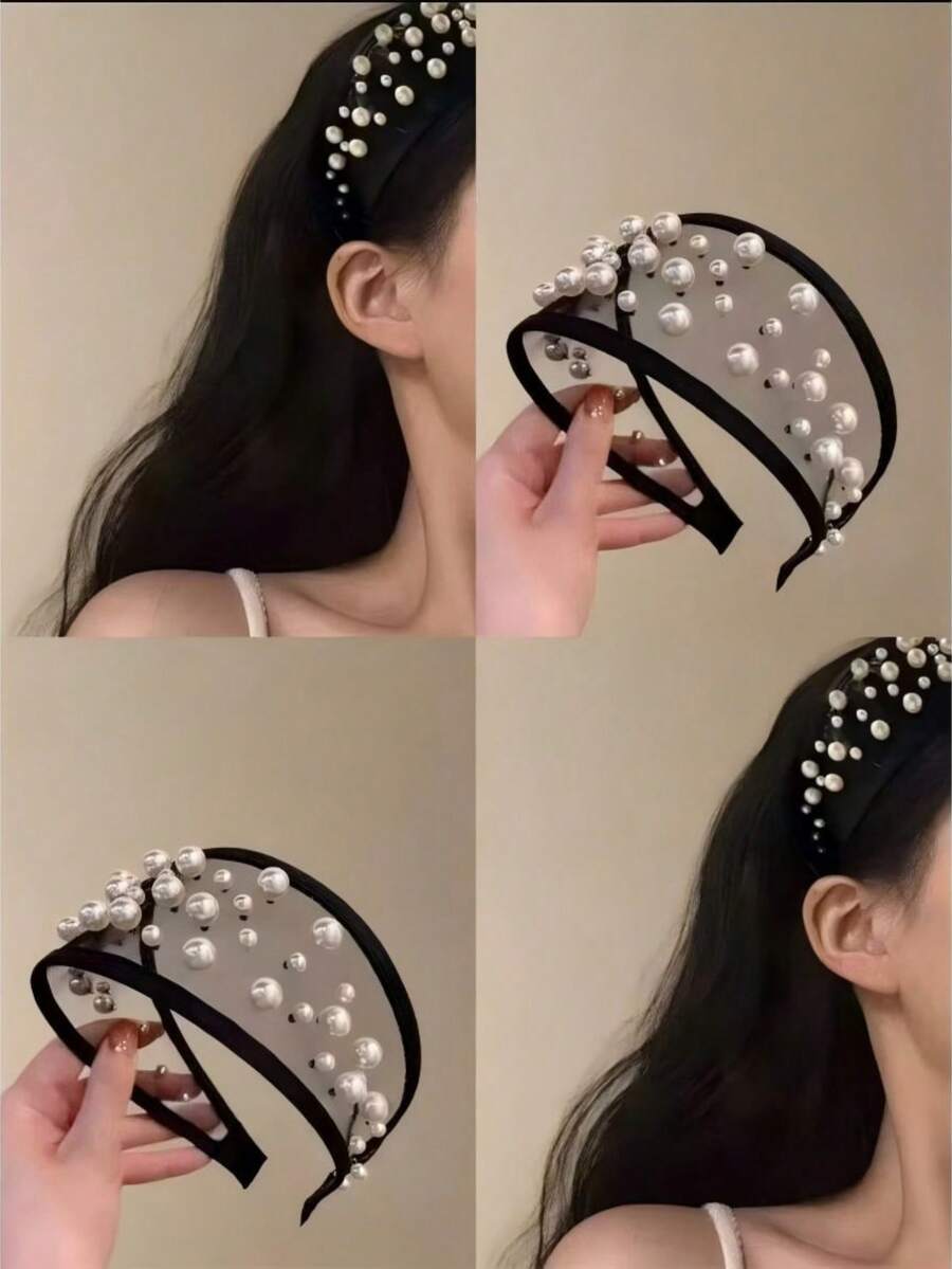 1件女款黑色寬版髮箍，高級奢華風，百搭髮飾，附髮夾髮帶