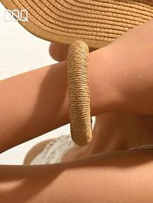 OOQ 1pc Minimalist Style Raffia Plain Hoop Bracelet For Women, Elegant Fashion Simple Casual Versatile Bangle, Suitable For Daily Commute, Gatherings, Holidays, Gifts (Handmade Raffia Weaving, Random Direction And Shape) - Khaki - View 7
